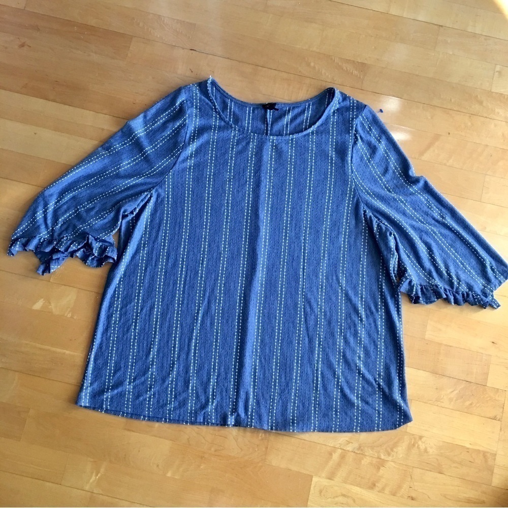 W5 Striped Top, Three Quarter Ruffle Sleeve, Blue, White, Size 3X - Picture 15 of 17
